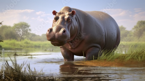 closeup hippo in the water swimming in zoo safari wild animals