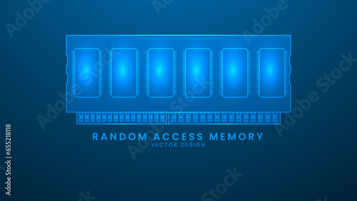 Random access memory. Computer hardware ram. Vector illustration with light effect and neon