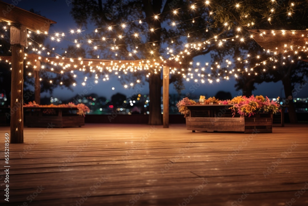 decorative fairy lights over an open-air dance floor
