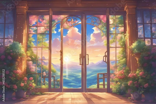 幻想世界の夕陽とドア