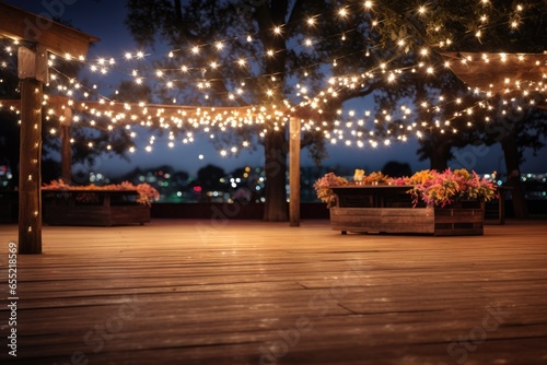 decorative fairy lights over an open-air dance floor