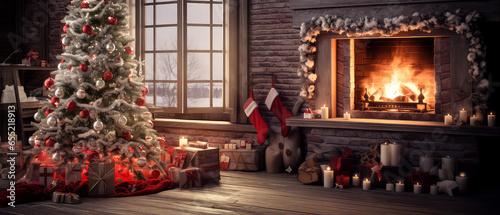 Cozy apartment, room with fireplace with Christmas tree, decorations, gifts, presents. evening Christmas ambience design. Generative ai 