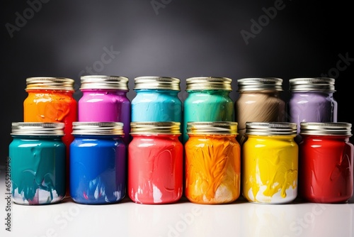 A collection of paint cans showcasing a riot of colors on white