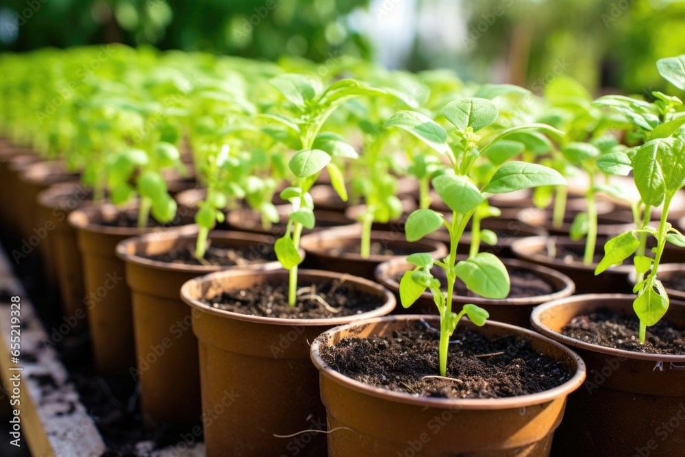 a row of seedlings in small pots