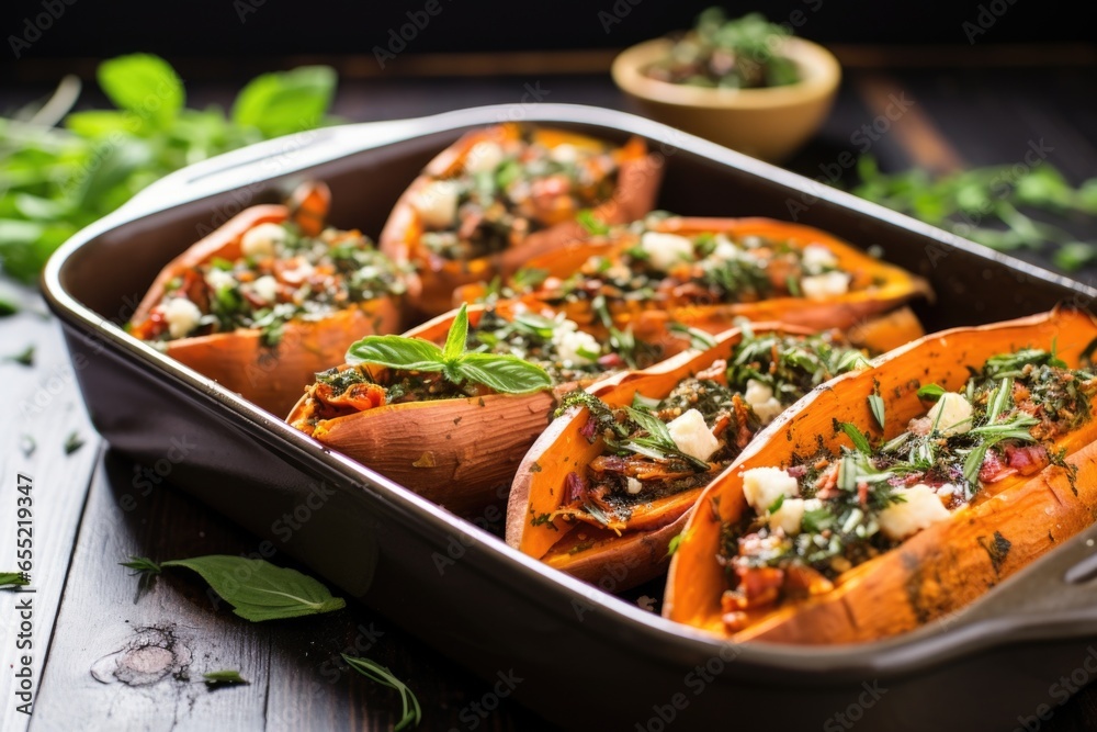 tray of baked sweet potatoes with herbs and spices