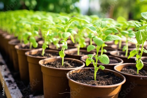 a row of seedlings in small pots