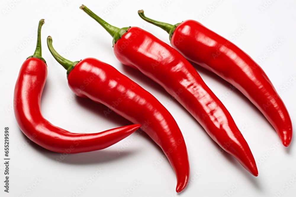 Bold red chili peppers pop against a clean white background, adding spice