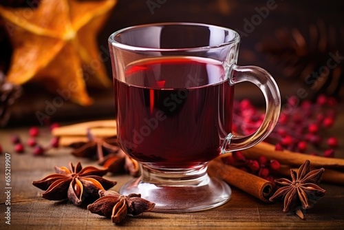 a glass mug of mulled wine topped with a star anise