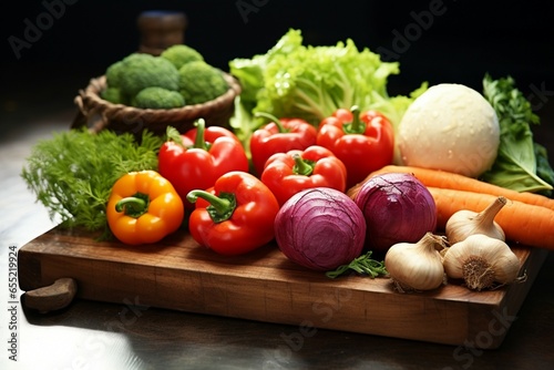 Detailed closeup highlights a variety of delicious  farm fresh vegetables on wood