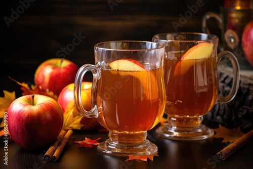 toffee apple cider served in clear glass mugs