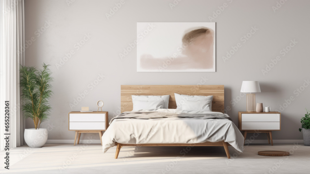 Fototapeta premium A modern bedroom with a white bed a small side table