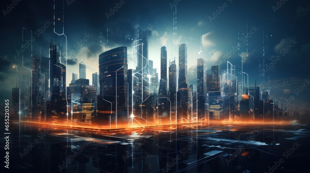 Futuristic Cybernetic Cityscape, Particle Swirls and Glowing Skyscrapers