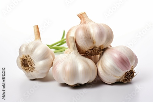Garlic cloves resting on a pristine white background, culinary essentials on display