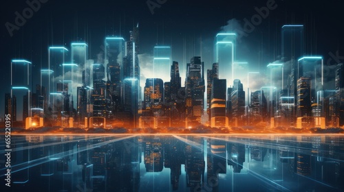 Futuristic Cybernetic Cityscape  Particle Swirls and Glowing Skyscrapers