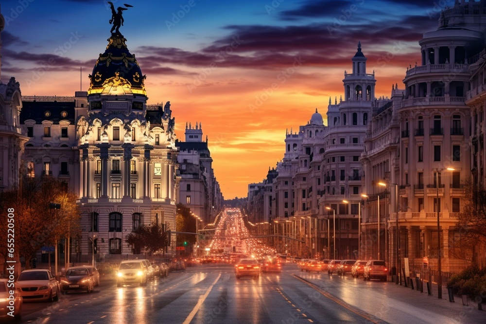 City skyline with a street in Madrid during twilight, Spain. Generative AI - obrazy, fototapety, plakaty 