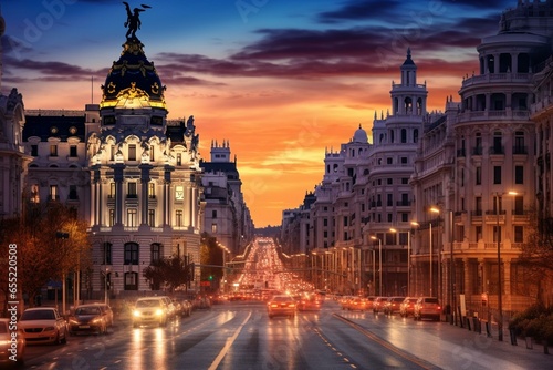 City skyline with a street in Madrid during twilight, Spain. Generative AI