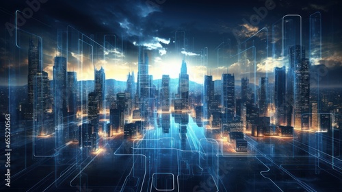 Futuristic Cybernetic Cityscape, Particle Swirls and Glowing Skyscrapers