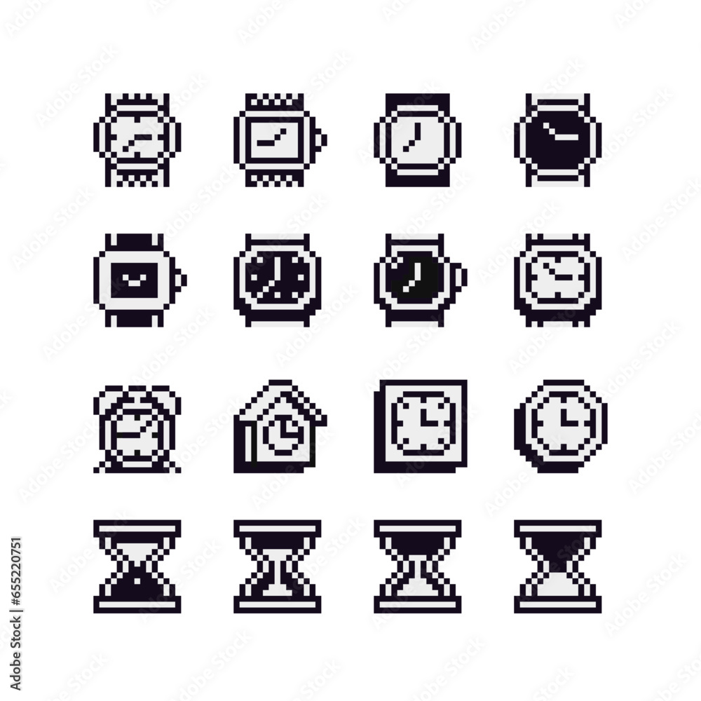 Clock and time pixel art icon set, 8bit sticker design pack. Wrist