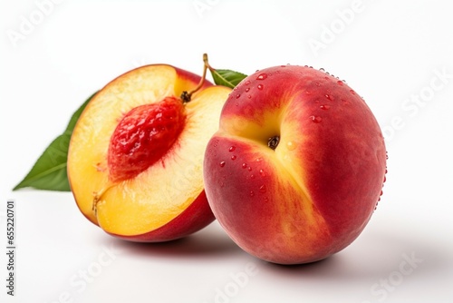 Luscious peach showcased on a pristine white surface, natural sweetness