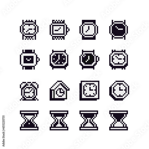 Clock and time pixel art icon set, 8-bit sticker design pack. Wrist watch, hourglass, alarm clock, stopwatch. Design for logo, web, app, badges and patches. Isolated vector illustration.
