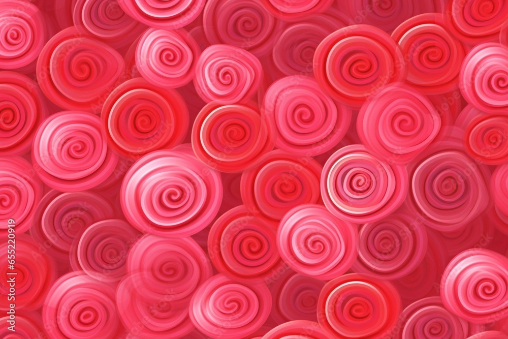 Romantic wallpaper with spiral design and 3D hearts in pink, metallic red, and glass red. Generative AI