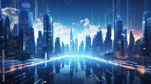Futuristic Cybernetic Cityscape  Particle Swirls and Glowing Skyscrapers