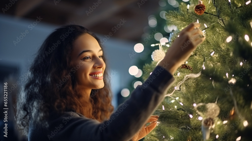 Happy girl decorate the house christmas tree, smiling young girl enjoying festive activities concept - obrazy, fototapety, plakaty 