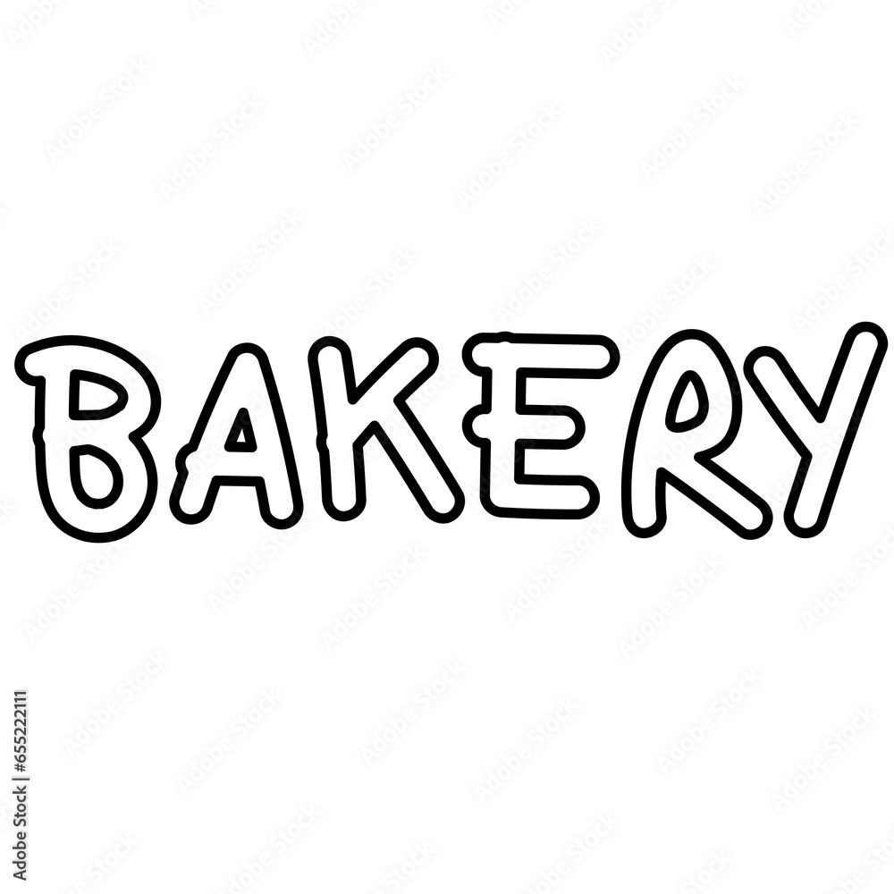 BAKERY letters outline drawing for kid and adult colouring book, picnic element, font, typography logo, dessert icon, cafe, restaurant, cake menu, recipe, ingredients, summer, pastry, print, baking