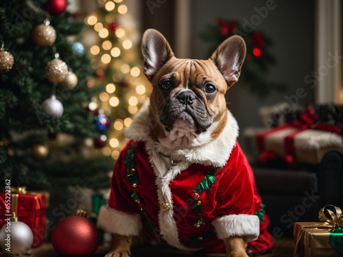 French bulldog in adorable Christmas costumes with holiday-themed props -generative ai © Hasitha