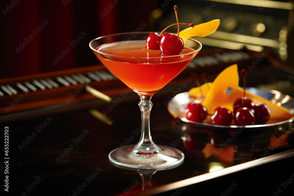 Traditional mixed drink featuring orange and cherry atop a piano. Generative AI