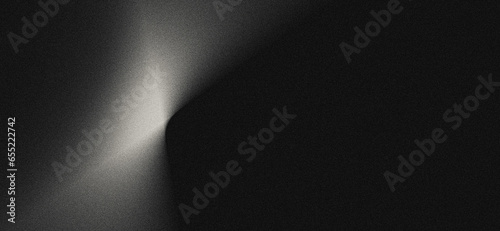 Fototapeta Naklejka Na Ścianę i Meble -  Grey black white glowing abstract gradient shape on black grainy background minimal header cover poster design copy space
