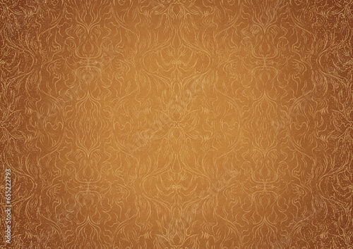 Hand-drawn unique abstract gold ornament on a yellow background, with vignette of darker background color and splatters of golden glitter. Paper texture. Digital artwork, A4. (pattern: p11-1b)
