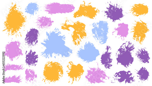 Gouache dry daub mega group. Hand drawn smudge blotch modern shapes. Droplet paintbrush web sticker stamp bundle. Brushstroke acrylic splashes design.