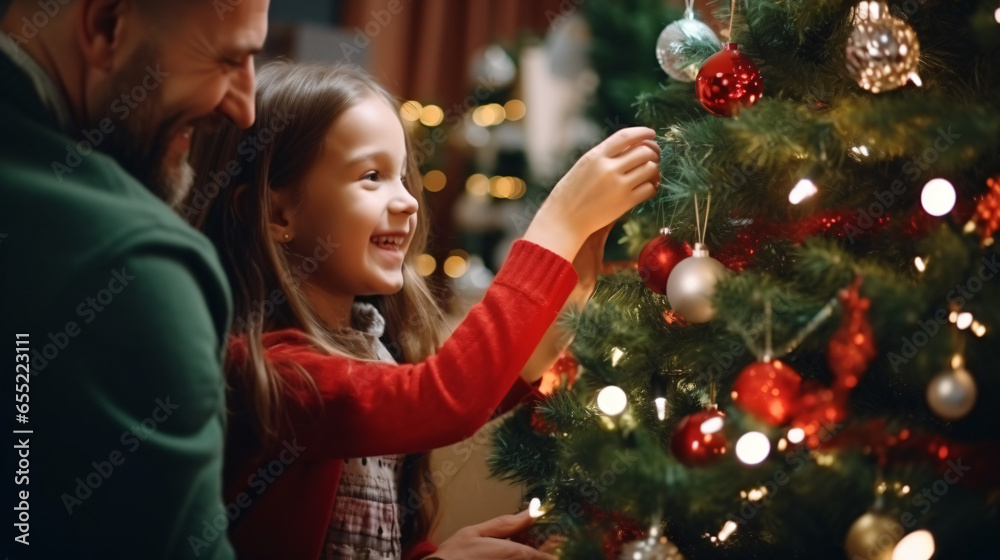 Happy parent helping their daughter decorate the house christmas tree, smiling young girl enjoying festive activities concept - obrazy, fototapety, plakaty 