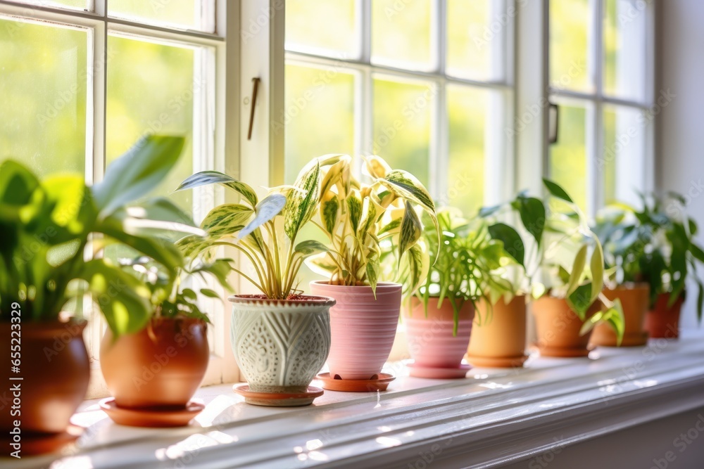 houseplants in a row on a sunny windowsill