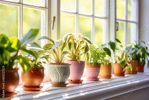 houseplants in a row on a sunny windowsill