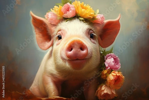 Cheerful pig wearing flowery crown against vibrant backdrop, symbolizing delight and adorableness. Generative AI