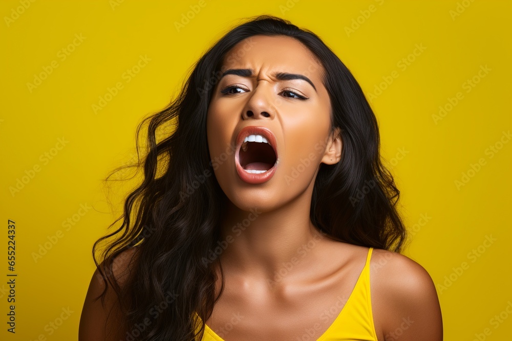Captured mid-shout, a young woman's animated expression paints a story of urgency. Isolated against a vivid yellow backdrop, her pose suggests she's searching or calling out for someone. Captured mid-shout, a young woman's animated expression paints a story of urgency. Isolated against a vivid yellow backdrop, her pose suggests she's searching or calling out for someone.