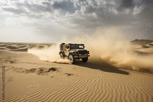 military vehicle traversing a sandy desert. Generative AI