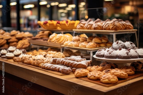 a bakery showcase with buy one get one offers on pastries