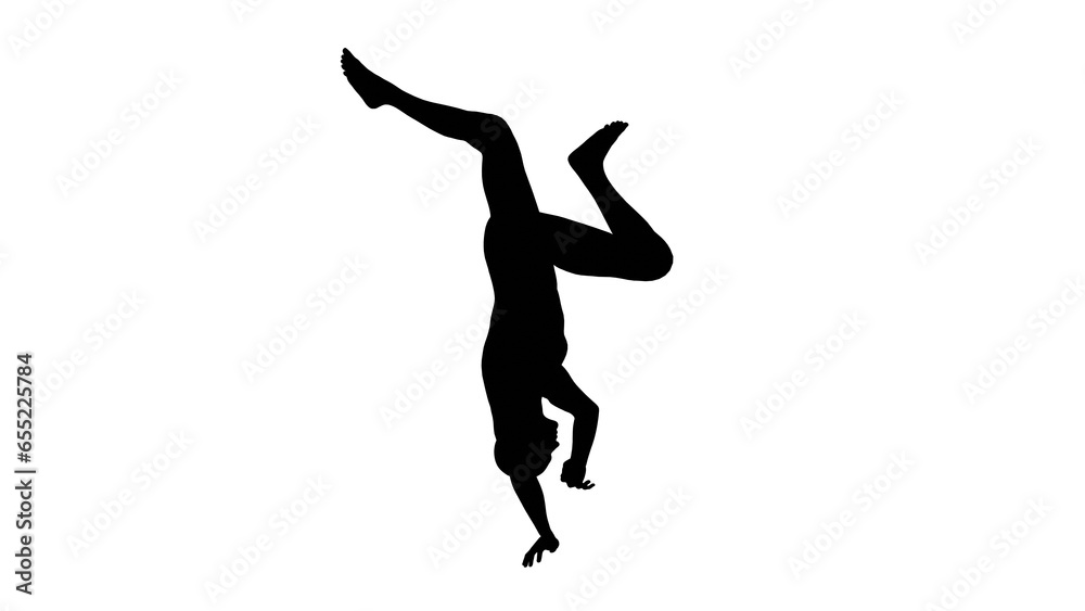 Silhouette of a beautiful young athletic man break-dancing, transparent background. 3d illustration (rendering). Silhouette of a beautiful young athletic man break-dancing, transparent background. 3d illustration (rendering).