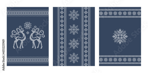 Folk art embroidery christmas design, cross stitch snowflakes borders and xmas reindeer vector cover set