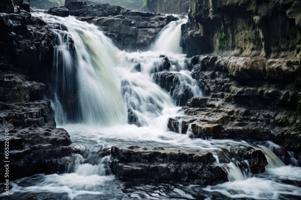 a frothy waterfall cascading over rough rocks a frothy waterfall cascading over rough rocks