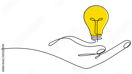 Lighting lightbulb on hand one continuous line drawing. Linear electric yellow lamp. Vector isolated on white.	