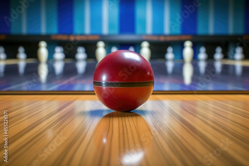bowling ball and pins positioned on a bowling lane
