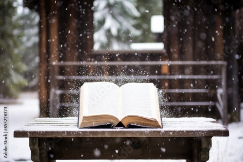 snow falling on an open songbook on a rustic wooden bench photo