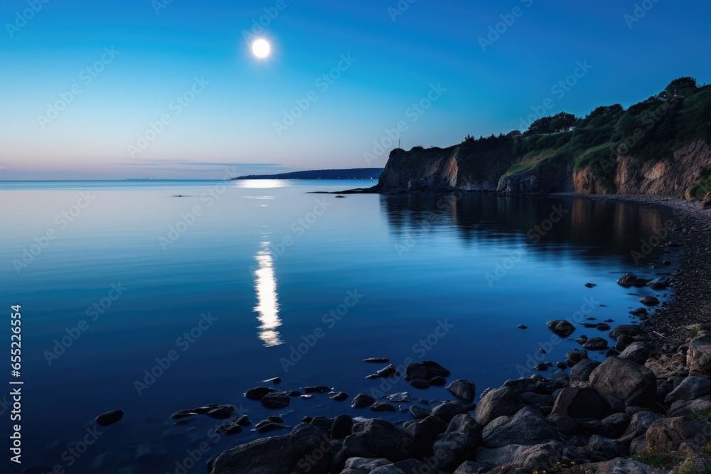 a moon reflecting off a scenic coastline