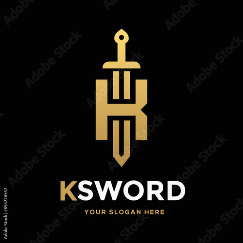 Sword K letter or number vector logo template. This design use gold. Suitable for business or battle 