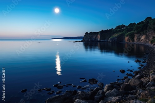 a moon reflecting off a scenic coastline