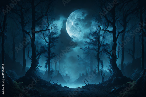 Dark mystical magical forest. AI